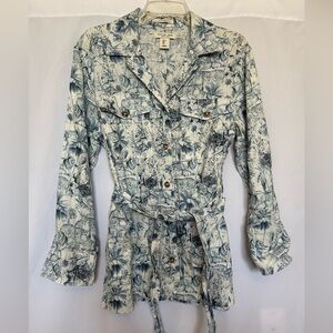 Rachel Zoe 100% Linen Blue Toile Safari Animal Print Belted Safari Jacket Small